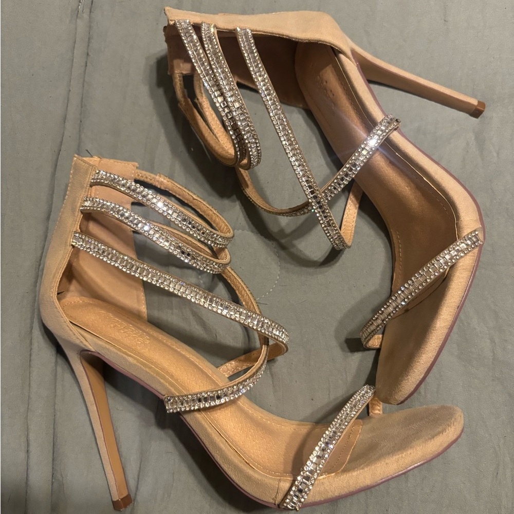 Charlotte Russe Tan Heels with Rhinestone Straps
